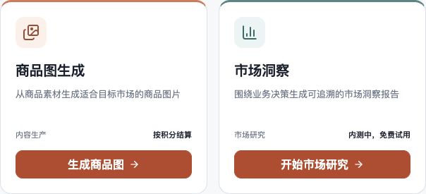 图 4 应用中心入口示例:点击“生成商品图”或“开始市场研究”进入对应应用。